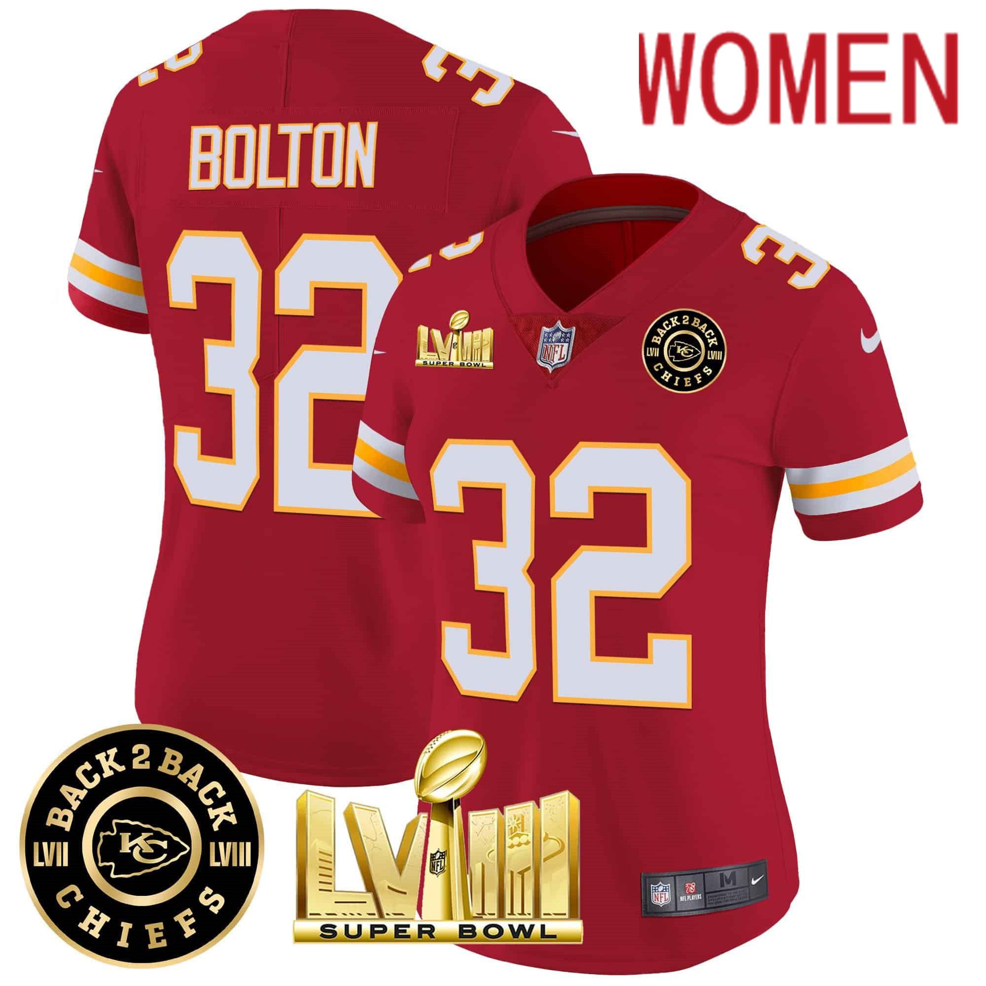 Women Kansas City Chiefs 32 Bolton Red 2024 Nike Super Bowl LVIII & Back 2 Back Patch Vapor NFL Jersey style 3